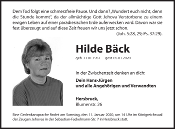 Traueranzeige von Hilde Bäck von Hersbrucker Zeitung