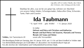 Traueranzeige von Ida Taubmann von Hersbrucker Zeitung