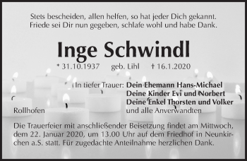Traueranzeige von Inge Schwindl von Pegnitz-Zeitung