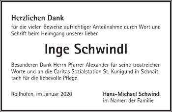 Traueranzeige von Inge Schwindl von Pegnitz-Zeitung