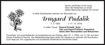 Traueranzeige von Irmgard Pudalik von Der Bote