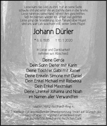 Traueranzeige von Johann Dürler von Hersbrucker Zeitung
