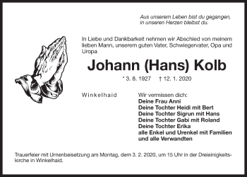 Traueranzeige von Johann Kolb von Der Bote