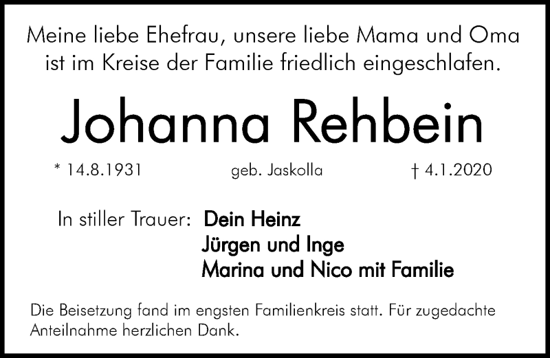  Traueranzeige für Johanna Rehbein vom 17.01.2020 aus Pegnitz-Zeitung