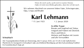 Traueranzeige von Karl Lehmann von Pegnitz-Zeitung