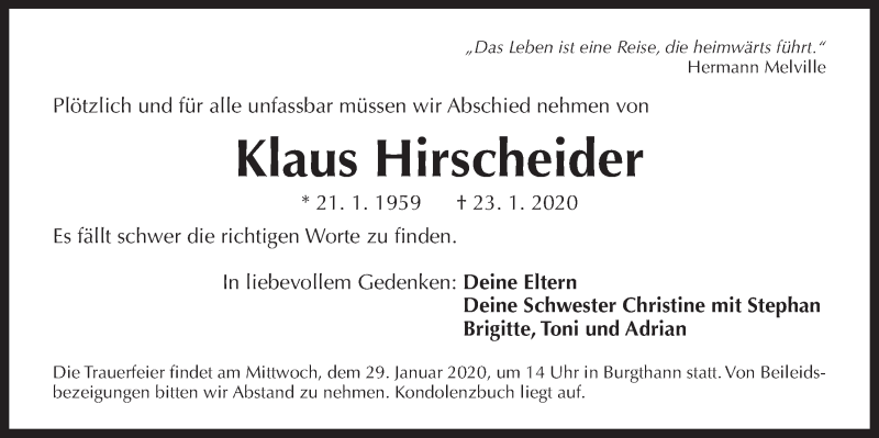  Traueranzeige für Klaus Hirscheider vom 27.01.2020 aus Der Bote
