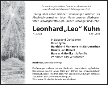 Traueranzeige von Leonhard Kuhn von Hersbrucker Zeitung