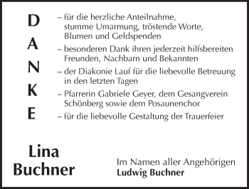 Traueranzeige von Lina Buchner von Pegnitz-Zeitung