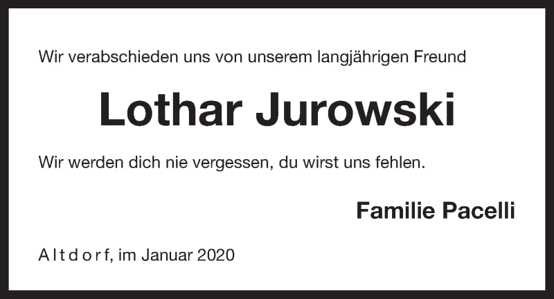 Traueranzeige für Lothar Jurowski vom 24.01.2020 aus Der Bote