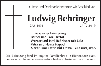 Traueranzeige von Ludwig Behringer von Pegnitz-Zeitung