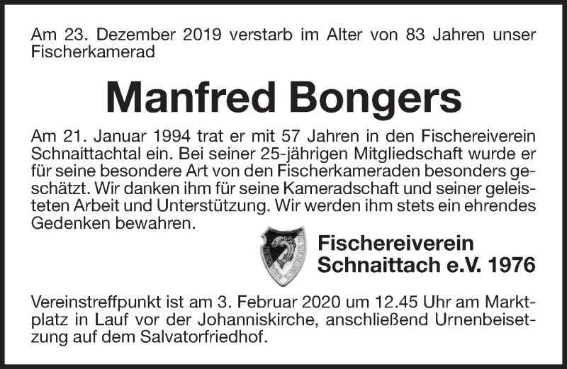  Traueranzeige für Manfred Bongers vom 29.01.2020 aus Pegnitz-Zeitung