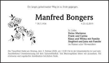 Traueranzeige von Manfred Bongers von Pegnitz-Zeitung