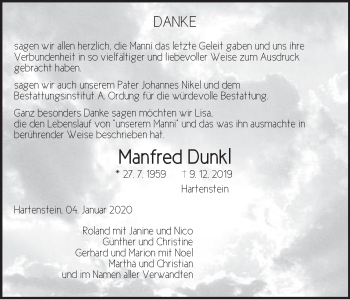 Traueranzeige von Manfred Dunkl von Hersbrucker Zeitung