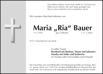 Traueranzeige von Maria Bauer von Pegnitz-Zeitung