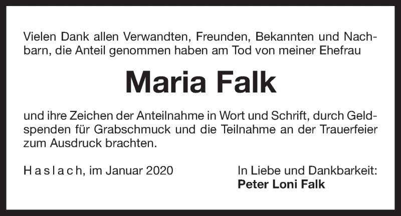  Traueranzeige für Maria Falk vom 04.01.2020 aus Der Bote