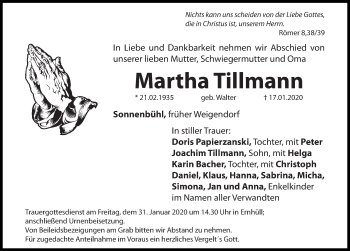 Traueranzeige von Martha Tillmann von Hersbrucker Zeitung