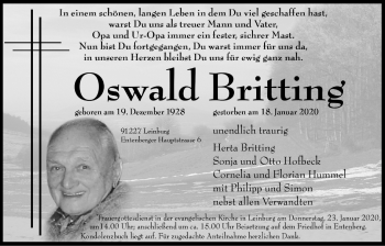 Traueranzeige von Oswald Britting von Der Bote