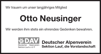 Traueranzeige von Otto Neusinger von Pegnitz-Zeitung