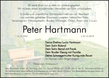 Traueranzeige von Peter Hartmann von Hersbrucker Zeitung