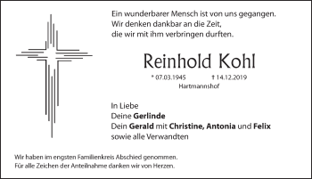 Traueranzeige von Reinhold Kohl von Hersbrucker Zeitung