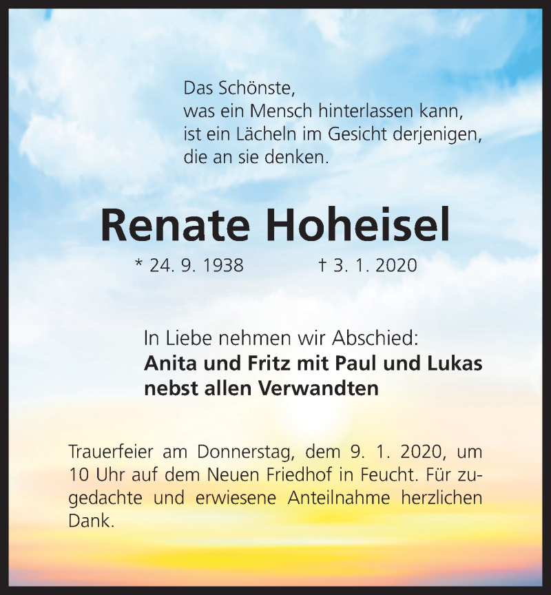  Traueranzeige für Renate Hoheisel vom 07.01.2020 aus Der Bote