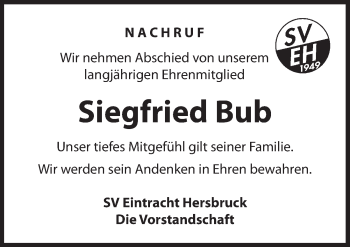 Traueranzeige von Siegfried Bub von Hersbrucker Zeitung