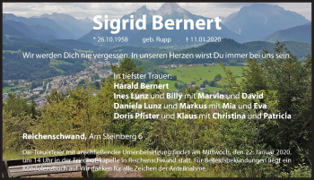 Traueranzeige von Sigrid Bernert von Hersbrucker Zeitung