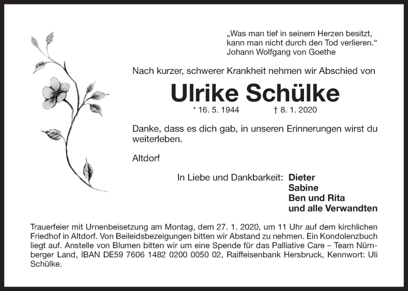  Traueranzeige für Ulrike Schülke vom 23.01.2020 aus Der Bote