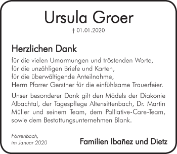 Traueranzeige von Ursula Groer von Hersbrucker Zeitung