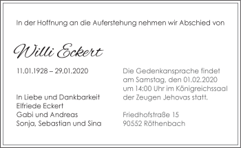 Traueranzeige von Willi Eckert von Pegnitz-Zeitung