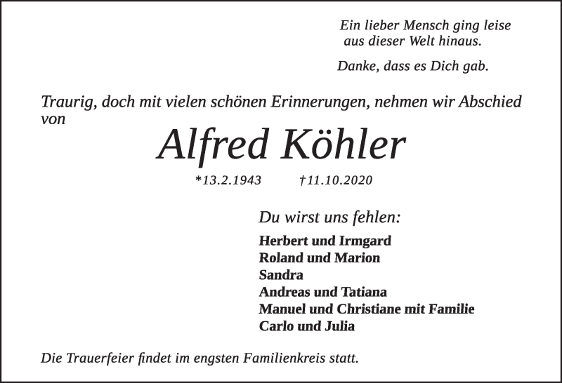  Traueranzeige für Alfred Köhler vom 22.10.2020 aus Hersbrucker Zeitung