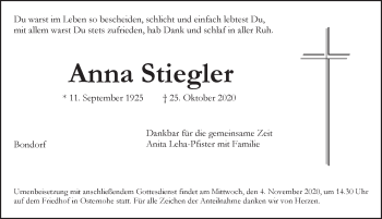 Traueranzeige von Anna Stiegler von Pegnitz-Zeitung