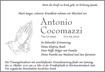 Traueranzeige von Antonio Cocomazzi von Pegnitz-Zeitung