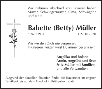Traueranzeige von Babette Müller von Pegnitz-Zeitung