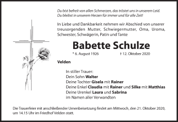 Traueranzeige von Babette Schulze von Hersbrucker Zeitung