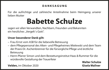 Traueranzeige von Babette Schulze von Hersbrucker Zeitung