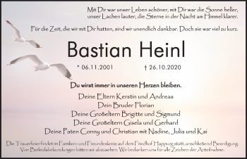 Traueranzeige von Bastian Heinl von Hersbrucker Zeitung