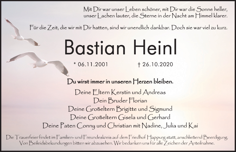  Traueranzeige für Bastian Heinl vom 30.10.2020 aus Hersbrucker Zeitung