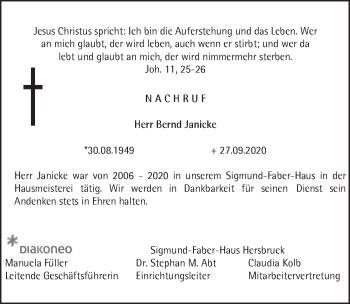Traueranzeige von Bernd Janicke von Hersbrucker Zeitung