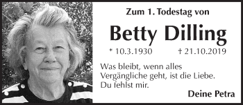 Traueranzeige von Betty Dilling von Pegnitz-Zeitung