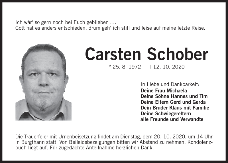  Traueranzeige für Carsten Schober vom 17.10.2020 aus Der Bote