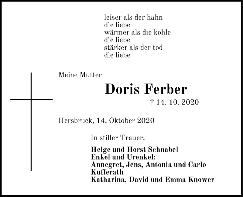  Traueranzeige für Doris Ferber vom 19.10.2020 aus Hersbrucker Zeitung
