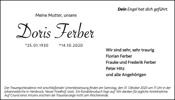 Traueranzeige von Doris Ferber von Hersbrucker Zeitung