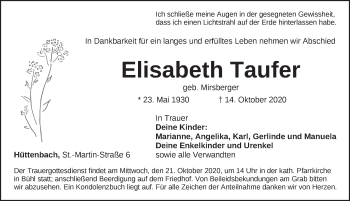 Traueranzeige von Elisabeth Taufer von Pegnitz-Zeitung