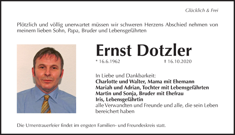  Traueranzeige für Ernst Dotzler vom 24.10.2020 aus Pegnitz-Zeitung