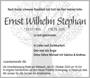 Traueranzeige von Ernst Wilhelm Stephan von Hersbrucker Zeitung