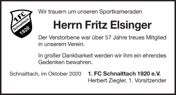 Traueranzeige von Fritz Elsinger von Pegnitz-Zeitung