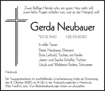 Traueranzeige von Gerda Neubauer von Hersbrucker Zeitung