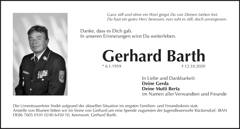  Traueranzeige für Gerhard Barth vom 17.10.2020 aus Pegnitz-Zeitung