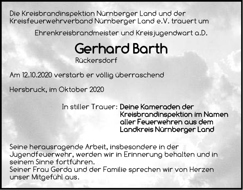  Traueranzeige für Gerhard Barth vom 19.10.2020 aus Hersbrucker Zeitung